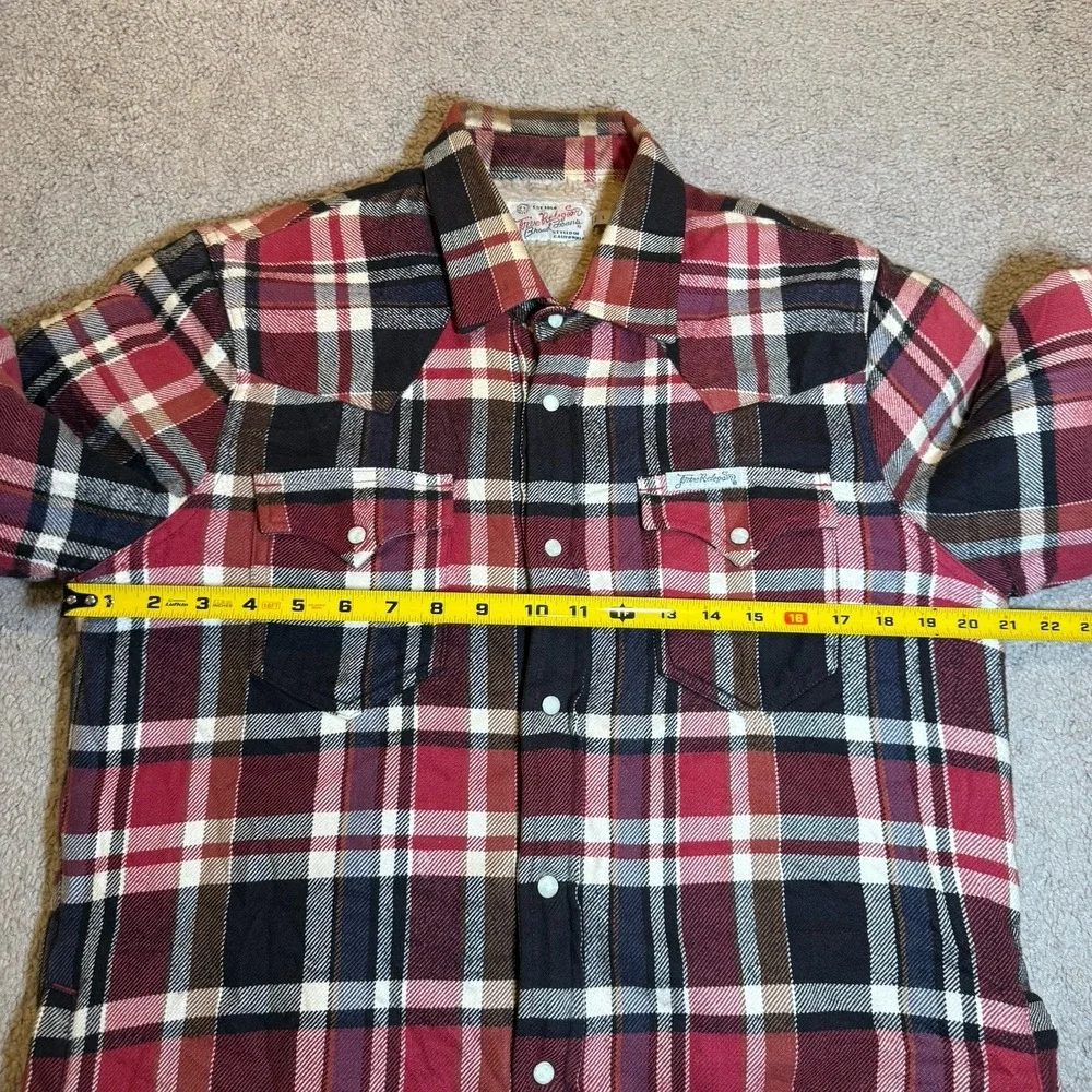 True Religion Sherpa Flannel Jacket Men L Red Blk Plaid Lined Shacket Pearl Snap